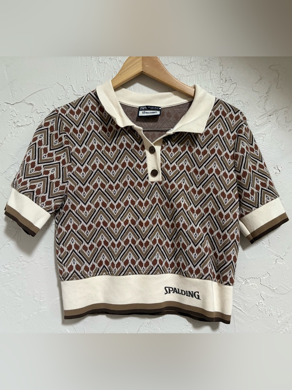 ZARA X Spalding Brown Geometric Polo Crop Top with Cream Trim